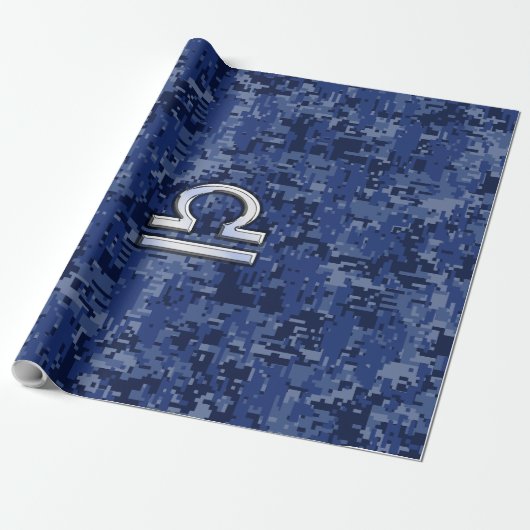 Silver Libra Zodiac Sign on blue digital camo Cadeaupapier (Uitgerold)