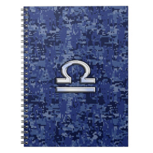 Silver Libra Zodiac Sign on blue digital camo Notitieboek