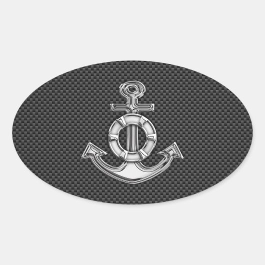 Silver Lifesaver Anchor op zwarte koolstofvezel Ovale Sticker (Voorkant)