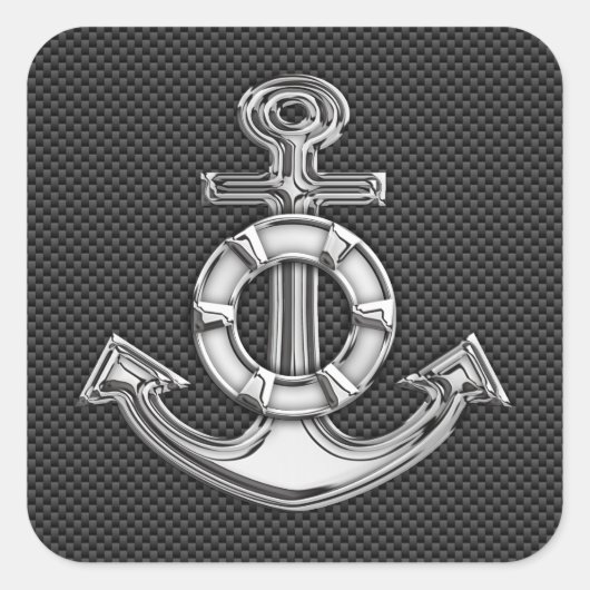 Silver Lifesaver Anchor op zwarte koolstofvezel Vierkante Sticker (Voorkant)