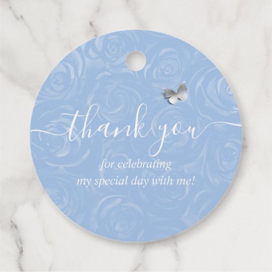 Silver Light Baby Blue Rozen Elegant Quinceanera Bedankjes Labels (Achterkant)