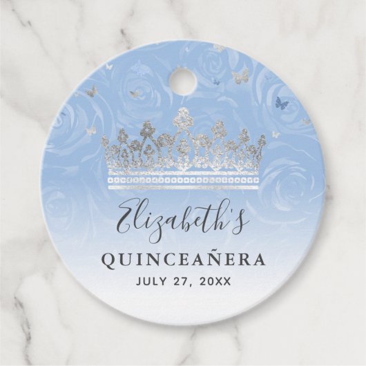Silver Light Baby Blue Rozen Elegant Quinceanera Bedankjes Labels (Voorkant)