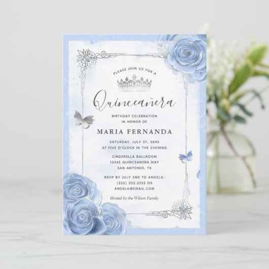 Silver Light Baby Blue Rozen Elegant Quinceanera Kaart (Staand voorkant)