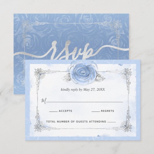 Silver Light Baby Blue Rozen Elegant RSVP Kaartje (Voorkant / Achterkant)