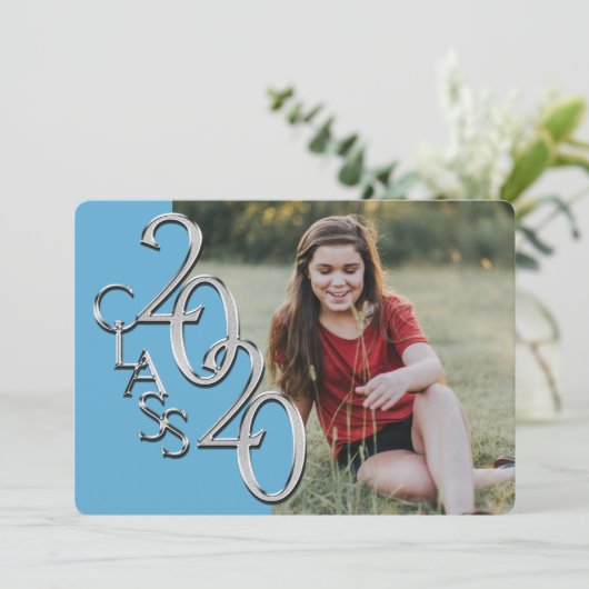 Silver Light Blue 2020 Photo Afstuderen Invitation Kaart (Staand voorkant)