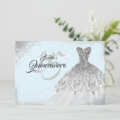 Silver Light Blue Lace Diamond Gown Quinceanera Kaart (Staand voorkant)