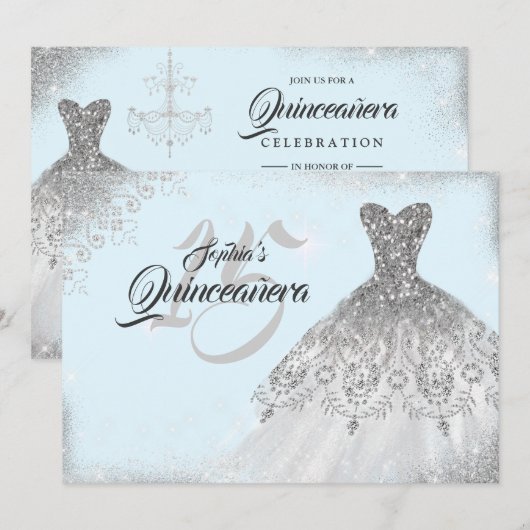 Silver Light Blue Lace Diamond Gown Quinceanera Kaart (Voorkant / Achterkant)