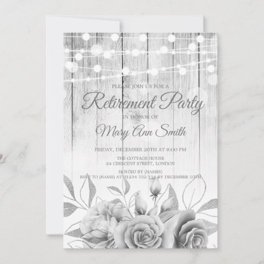 Silver Lights & Flowers Rustic Retirement Party Kaart (Voorkant)