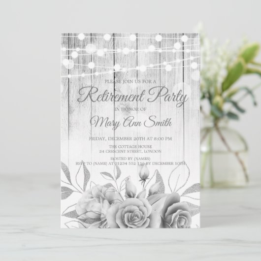 Silver Lights & Flowers Rustic Retirement Party Kaart (Staand voorkant)