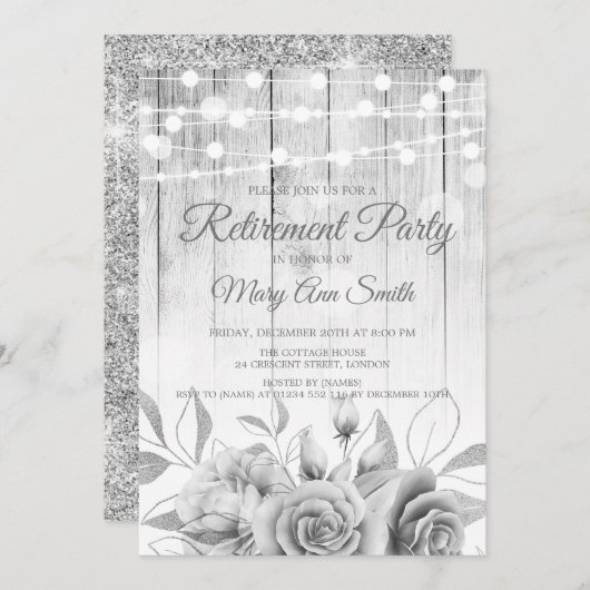 Silver Lights & Flowers Rustic Retirement Party Kaart (Voorkant / Achterkant)