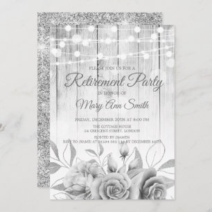 Silver Lights & Flowers Rustic Retirement Party Kaart