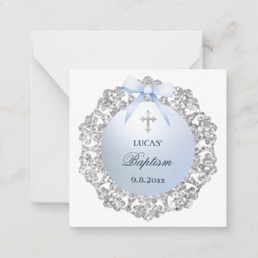 Silver Lijst Blue Bow Doop Gift Enclosure Notitiekaartje (Voorkant)