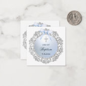 Silver Lijst Blue Bow Doop Gift Enclosure Notitiekaartje (Voorkant / Achterkant in situ)