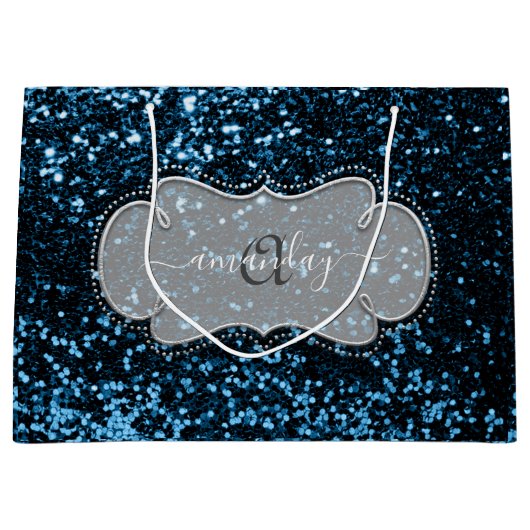 Silver Lijst Blue Navy Royal Monogram Name Glitter Groot Cadeauzakje (Voorkant)