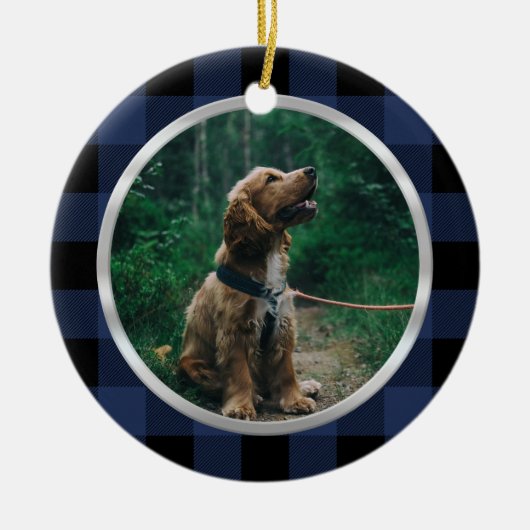 Silver Lijst Dog Foto Navy Blue Pset Tartan Keramisch Ornament (Voorkant)