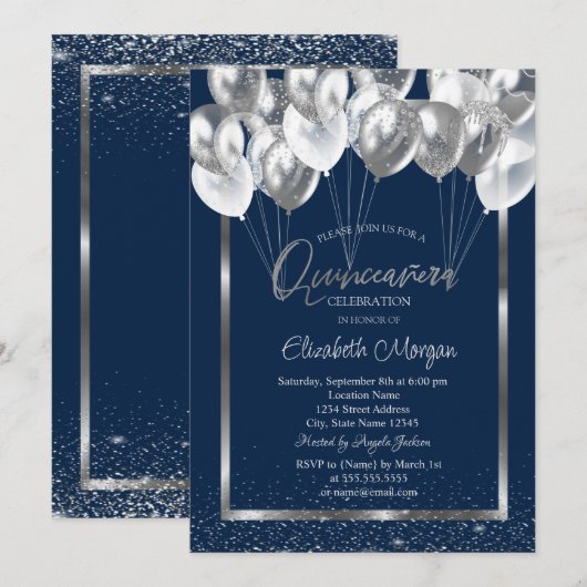 Silver Lijst Navy Confetti Balloons Quinceañera Kaart (Voorkant / Achterkant)