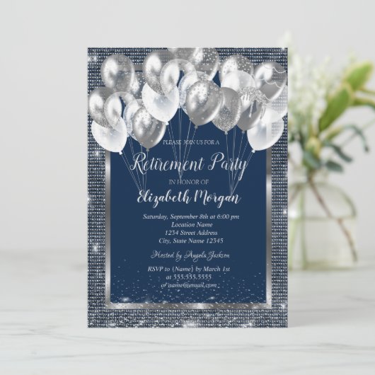 Silver Lijst Sequins Balloons Navy Retirement Kaart (Staand voorkant)