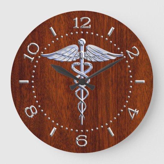 Silver like Caduceus Medical Symbol Mahogany Dial Grote Klok (Voorkant)