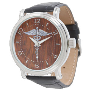 Silver like Caduceus Medical Symbol Mahogany Dial Horloge