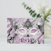 Silver Lila Sparkle Mask Masquerade Party RSVP Kaart (Staand voorkant)