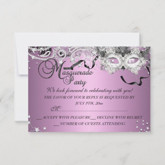 Silver Lila Sparkle Mask Masquerade Party RSVP Kaart (Achterkant)