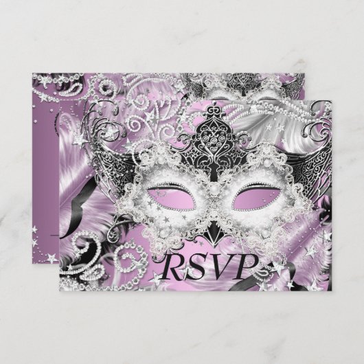Silver Lila Sparkle Mask Masquerade Party RSVP Kaart (Voorkant / Achterkant)