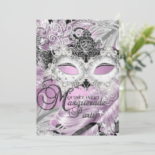 Silver Lila Sparkle Masquerade Quinceanera Kaart (Staand voorkant)