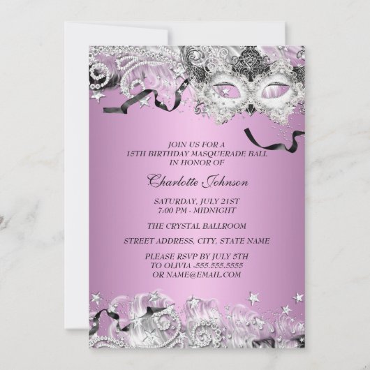 Silver Lila Sparkle Masquerade Quinceanera Kaart (Achterkant)