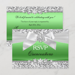 Silver Lime Green Glitter Bow Quinceanera RSVP Kaart