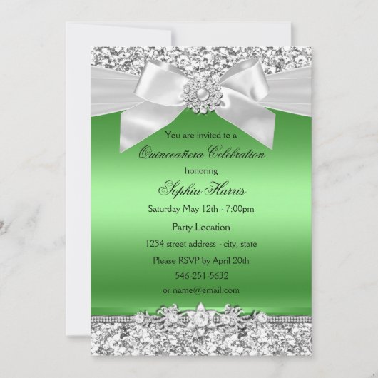 Silver Lime Green Glitter Jewel Bow Quinceanera Kaart (Voorkant)