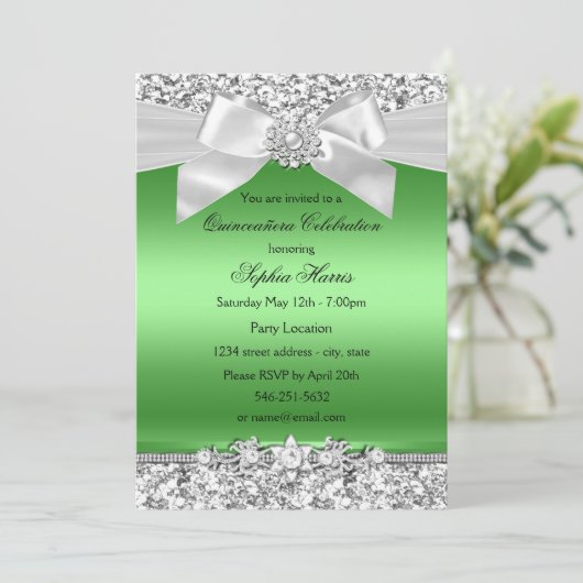 Silver Lime Green Glitter Jewel Bow Quinceanera Kaart (Staand voorkant)