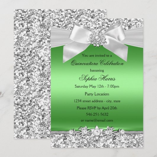 Silver Lime Green Glitter Jewel Bow Quinceanera Kaart (Voorkant / Achterkant)