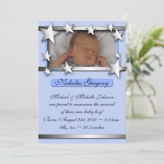 Silver Lining Stars Blauwe Geboorteaankondigingen Aankondiging (Staand voorkant)