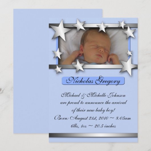 Silver Lining Stars Blauwe Geboorteaankondigingen Aankondiging (Voorkant / Achterkant)