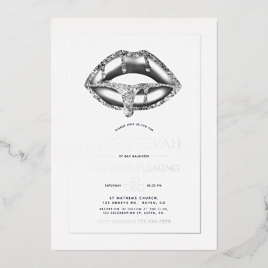Silver Lips Bat Mitzvah Foto Folie Uitnodiging (Voorkant)