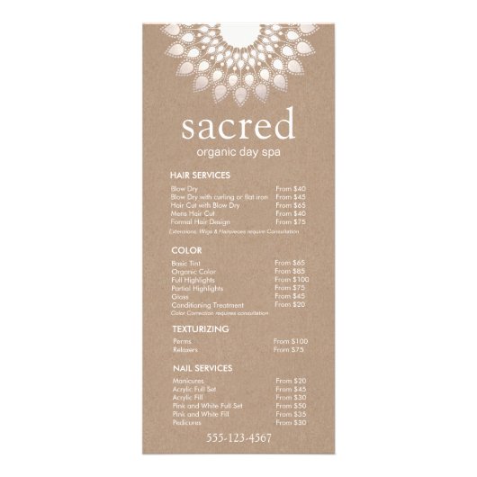 Silver Lotus Mandala Price List Service Menu (Voorkant)