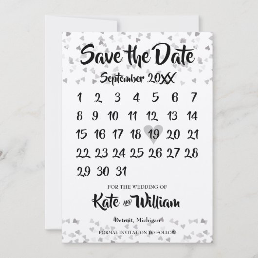 Silver Love Heart Calendar Save The Date (Voorkant)