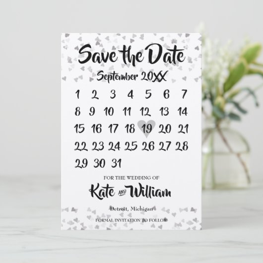 Silver Love Heart Calendar Save The Date (Staand voorkant)