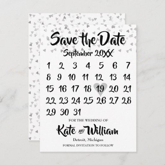 Silver Love Heart Calendar Save the Date Aankondigingskaart (Voorkant / Achterkant)