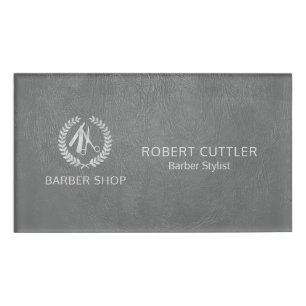 Silver luxe barber shop donkergrijs leder naambadge