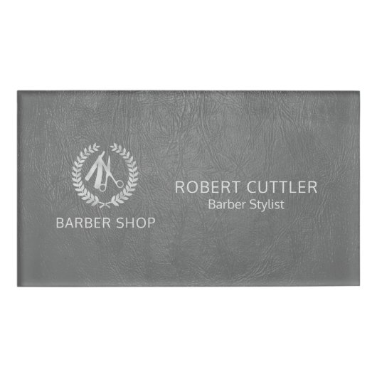 Silver luxe barber shop donkergrijs leder naambadge (Voorkant)