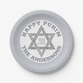 Silver Magen David Star Happy Purim Party Papieren Bordje