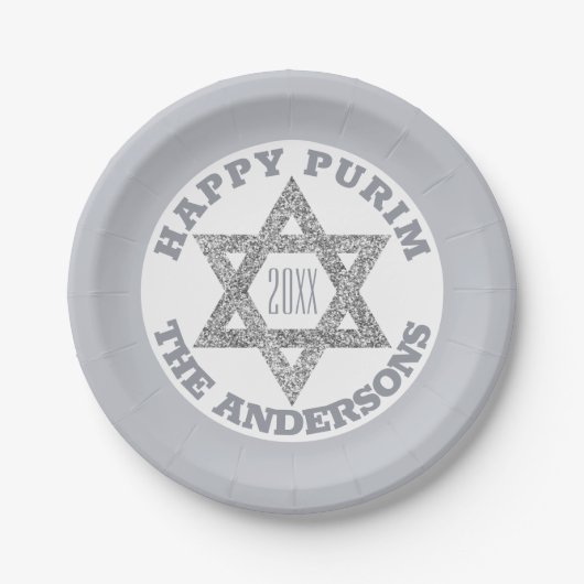 Silver Magen David Star Happy Purim Party Papieren Bordje (Voorkant)