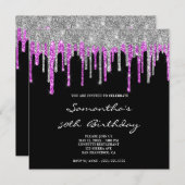 Silver Magenta Glitter Drips Black 50th Birthday Kaart (Voorkant / Achterkant)