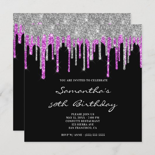 Silver Magenta Glitter Drips Black 50th Birthday Kaart (Voorkant / Achterkant)