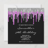 Silver Magenta Glitter Drips Black 50th Birthday Kaart (Voorkant)