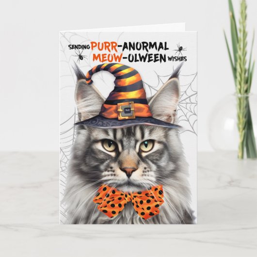 Silver Maine Coon Cat PURRanormale MEOWolween Feestdagen Kaart (Voorkant)