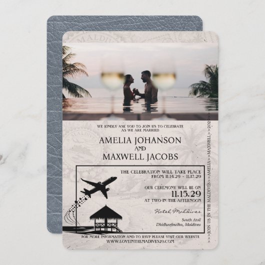 Silver Maldives Passport Wedding Invitation Kaart (Voorkant / Achterkant)