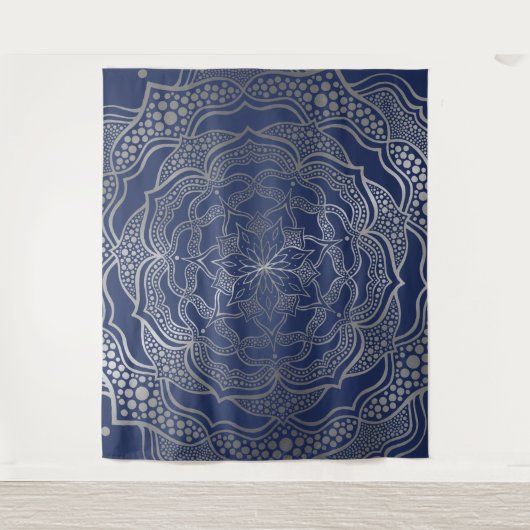 Silver Mandala Boho Chic Elegant Navy Blue Elegant Wandkleed (Voorkant)
