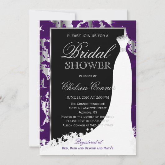 Silver Marble, Black en Paarse bruidsuitnodiging Kaart (Voorkant)